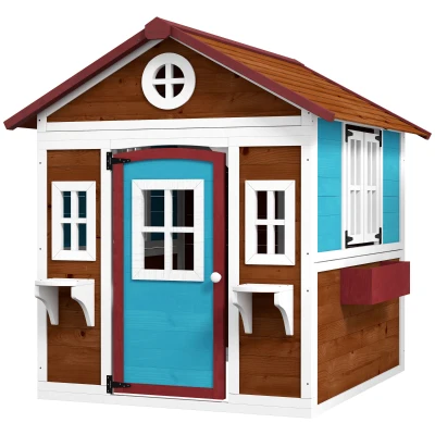 Outsunny Wooden Playhouse for Kids Outdoor with Door, Windows, Planter Pots and Boxes for Toddlers 3-8 Years, Dark Brown