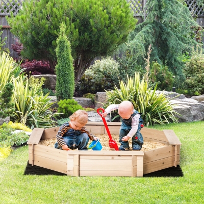 Outsunny Kids Sandbox with Cover, Wooden Sand Box with Seat, Outdoor Children Sand Pit for Backyard, Garden for Ages 3-8, Natural