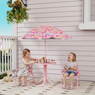 Qaba Kids Picnic Table Set with Foldable Chairs & Umbrella, Pink