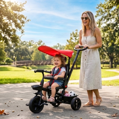 Qaba Kids Tricycle 5 In 1 Trike with Reversible Angle Adjustable Seat Removable Handle Canopy Handrail Belt Storage Footrest Brake Clutch for 1-5 Years Old Red