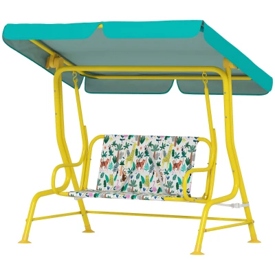 Qaba Kids Porch Swing, 2-Seater Patio Swing Bench with Safety Belts, Adjustable Canopy for Backyard, Garden, Green