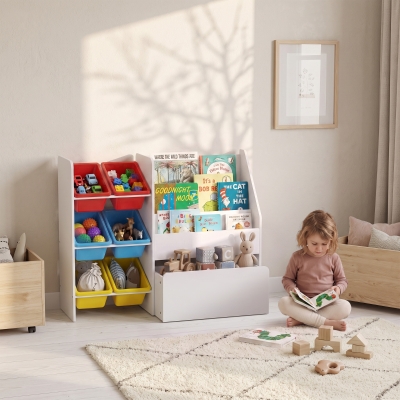 Qaba Kids Bookshelf and Toy Storage, 3-Tier Bookcase with 6 Removable Bins and Box for Toddler Nursery Playroom, Multi