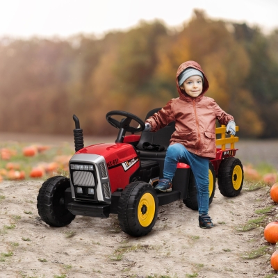 Aosom 12V Kids Ride on Tractor with Trailer, Remote Control, Music Start up Sound and Horn, USB, LED Lights, Red