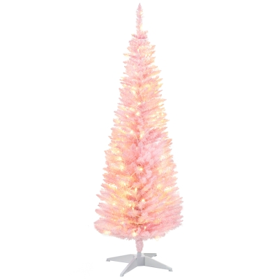 HOMCOM 5' Pre Lit Artificial Pencil Christmas Trees, Xmas Tree with Realistic Branches and Warm White LED Lights, Pink