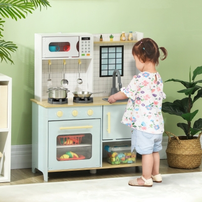 Qaba Pretend Play Kitchen, Kids Kitchen Playset with Stove Microwave Oven, Turning Knobs, Cooking Accessories