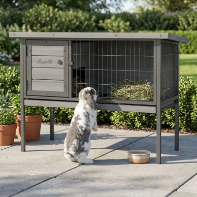 PawHut Elevated Wooden Rabbit Hutch with Openable Roof, Gray