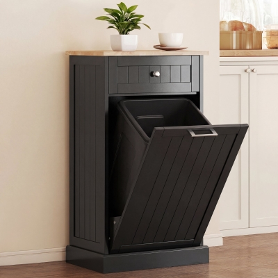 HOMCOM Tilt-Out Trash Bin Cabinet with Drawer,Black