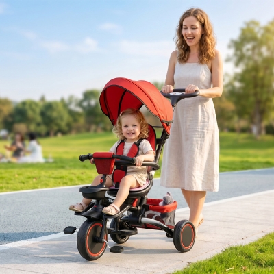 Aosom Tricycle for Toddler 6-in-1 Kids Trike, Foldable Converts Stroller to Baby Push Bike, Adjustable Backrest with Detachable Guardrail & Handle, Brake for 1-4 Years Old, Red