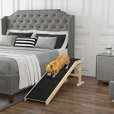 PawHut Pet Ramp Bed Steps for Dogs Cats Non-slip Carpet Top Platform Pine Wood 59"L x 16"W x 20"H Natural Wood