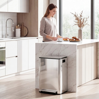 HOMCOM 2 x 30L / 7.9 Gallon Dual Trash Can with Removable Inner Buckets and Handles for Kitchen, Office, Bathroom, Silver