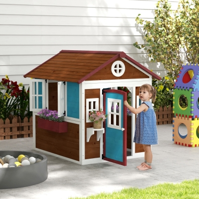 Outsunny Wooden Playhouse for Kids Outdoor with Door, Windows, Planter Pots and Boxes for Toddlers 3-8 Years, Dark Brown