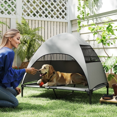 PawHut Elevated Dog Bed with Canopy Raised Dog Bed  Washable Mesh Steel Frame 41.7" x 29.9" x 39" Light Grey