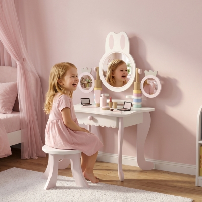 Qaba Kids Vanity Set, Kids Makeup Vanity Table and Chair with Triple Mirrors, 5 Pcs Accessories and Drawer for Girls 3+, Pink