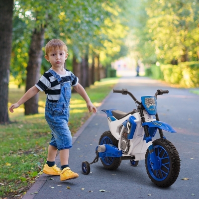 Aosom Kids Dirt Bike 12V Battery-Powered Ride-On Electric Motorcycle with Charging Battery, Training Wheels Blue