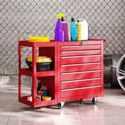 HOMCOM 7-Drawer Rolling Tool Chest with Detachable Side Shelf, Lockable Tool Cabinet Box Organizer with Wheels, Red