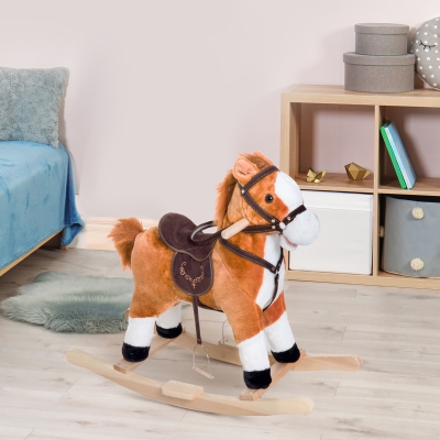 Qaba Kids Plush Rocking Horse Child Ride On Toy Rocker with Realistic Sounds Brown