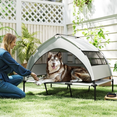 PawHut Elevated Dog Bed with Removable Canopy, Portable Outside Raised Pet Cot, Storage Bag, 48" x 36" x 37"