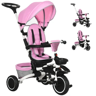 Aosom Tricycle for Toddler 6-in-1 Kids Trike, Foldable Converts Stroller to Baby Push Bike, Adjustable Backrest with Detachable Guardrail & Handle, Brake for 1-4 Years Old, Pink