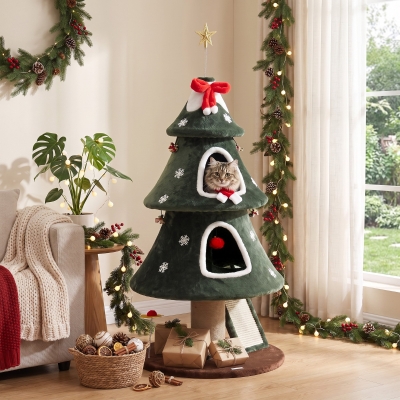 PawHut 52" Christmas Cat Tree, 2-Tier Cat Tower with Dual Condos, Scratching Posts, Sisal Ladder, Anti-Tip Rope