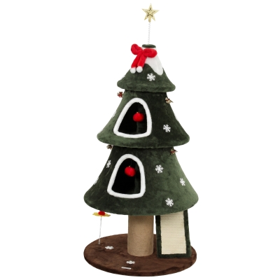PawHut 52" Christmas Cat Tree, 2-Tier Cat Tower with Dual Condos, Scratching Posts, Sisal Ladder, Anti-Tip Rope