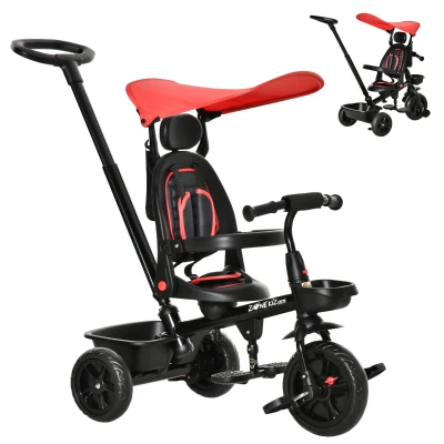 Qaba Kids Tricycle 5 In 1 Trike with Reversible Angle Adjustable Seat Removable Handle Canopy Handrail Belt Storage Footrest Brake Clutch for 1-5 Years Old Red
