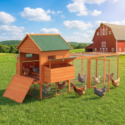 PawHut 137" Wooden Chicken Coop with Chicken Run, Nesting Box, Orange