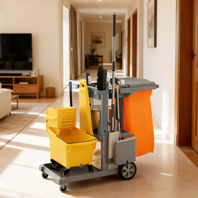 HOMCOM Commercial Janitorial Cart with 3 Tier Shelves, Cleaning Cart with Rubbish Bag and Mop Mount for Hotel Restaurant, Grey