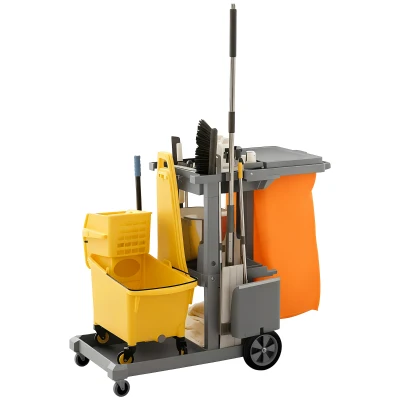 HOMCOM Commercial Janitorial Cart with 3 Tier Shelves, Cleaning Cart with Rubbish Bag and Mop Mount for Hotel Restaurant, Grey
