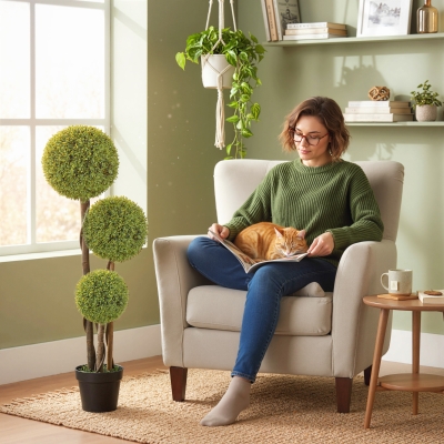 HOMCOM 45 Inch Potted Fake Plant Set of 2, Artificial Boxwood Topiary Tree, Triple Ball Tree for Indoor and Outdoor, Green