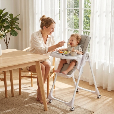 Qaba High Chair with Wheels, Double Tray, Foldable Baby Seat with Adjustable Seat Height, Backrest, Footrest and Tray, Grey