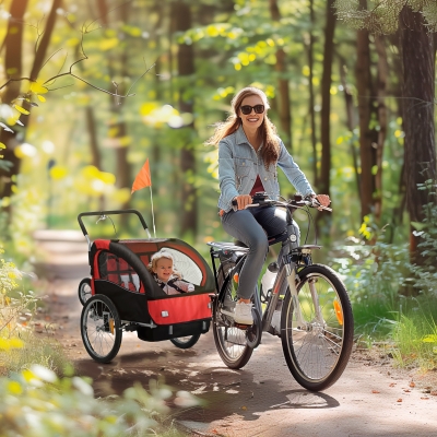 Aosom 2-in-1 Bike Trailer for Kids, Foldable 2-Seat Baby Stroller with 5-Point Harness, Rubber Wheels, Storage Bag, Red