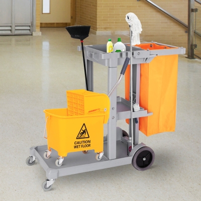 HOMCOM Janitorial Cart with 3 Shelves, Cleaning Cart on Wheels with Rubbish Bag and Mop Holders for Hotel, Housekeeping, Grey