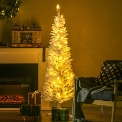 HOMCOM 5' Pre Lit Artificial Pencil Christmas Trees, Xmas Tree with Realistic Branches and Warm White LED Lights, White