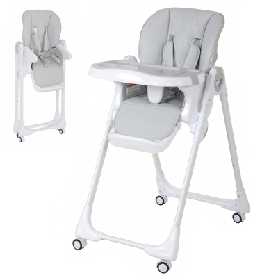 Qaba High Chair with Wheels, Double Tray, Foldable Baby Seat with Adjustable Seat Height, Backrest, Footrest and Tray, Grey