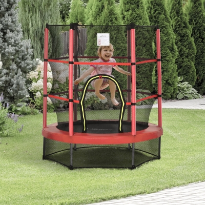 Outsunny 55" Kids Trampoline with Enclosure Net for Indoor/Outdoor, Trampoline for Boys and Girls Age 3-6 Years, Red