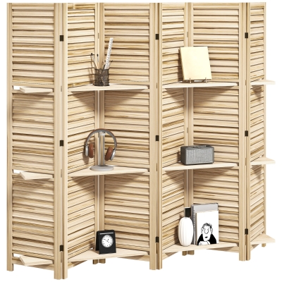 HOMCOM 6-Panel Wood Room Divider with Shelves, 67" Tall, Natural