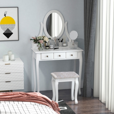 HOMCOM Wooden Vanity Table Set, Makeup Dressing Table with 360° Rotating, 5 Drawers and Padded Stool, White
