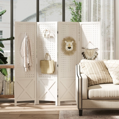 HOMCOM 56.9" 4 Panel Wooden Room Divider with Pegboard Display, Folding Privacy Screen for Home Office, White