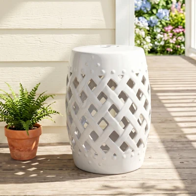 Outsunny 13" Ceramic Garden Stool, Woven Lattice Design, White