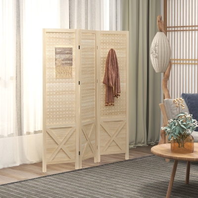HOMCOM 4.7' 3 Panel Wooden Room Divider with Pegboard Display, Folding Privacy Screen for Home Office, Natural