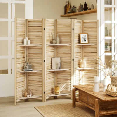 HOMCOM 6-Panel Wood Room Divider with Shelves, 67" Tall, Natural