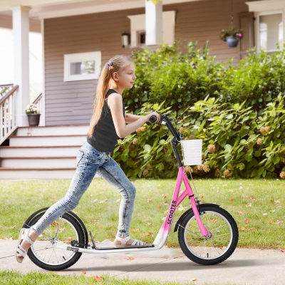 Aosom Kick Scooter with Adjustable Handlebar, Kids Scooter with 2 Brakes Basket Cupholder 16" Inflatable Rubber Tyres Pink