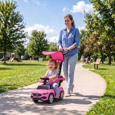 Qaba Benz 3-in-1 Toddler Push Car with Canopy, Storage, Pink