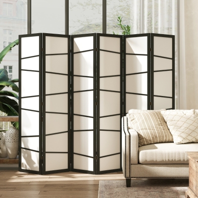HOMCOM 66.9" Folding Room Divider, 6 Panel Wall Partition with Wood Frame for Bedroom, Home Office, White