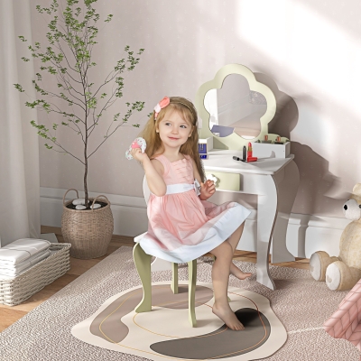 Qaba Kids Makeup Vanity Set with Stool, Mirror, Drawer, Storage Boxes, White