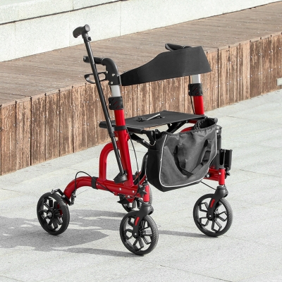 HOMCOM Rollator Walker for Seniors and Adults with 8'' Wheels, Padded Seat and Backrest,  Storage Bag Red