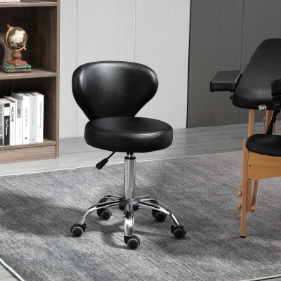 HOMCOM Adjustable Swivel Salon Stool with Backrest and Wheels, Office & Living Room Chair, Synthetic Leather, Black