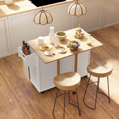 HOMCOM Rolling Kitchen Cart on Wheels with Drop Leaf, Kitchen Island with 3 Drawers, Solid Wood Top and Towel Rack, White