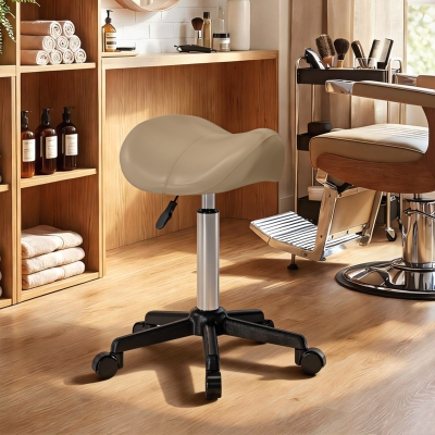 HOMCOM Rolling Salon Stool, PU Leather Swivel Saddle Chair, Adjustable Height Stool with Wheels for Spa, Salon, Office, Brown
