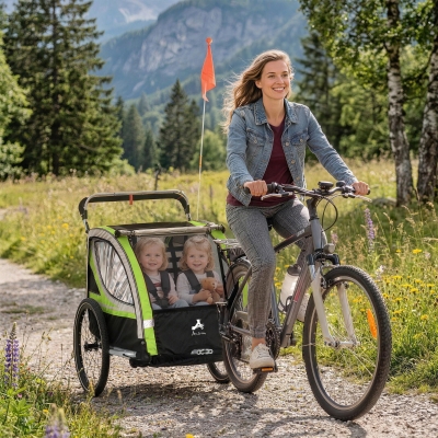 Aosom 3-in-1 Bike Trailer for Kids, Running Stroller with 2 Seats, Jogging Cart with 5-Point Harness, Storage Units, Green